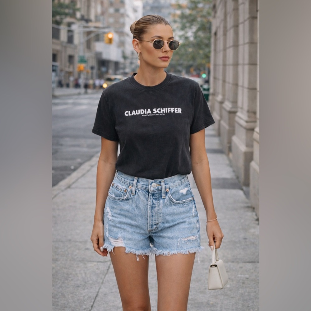 AGOLDE Parker Distressed Denim Shorts & CLAUDIA SCHIFFER WASHED T-SHIRT - Picture 2 of 5